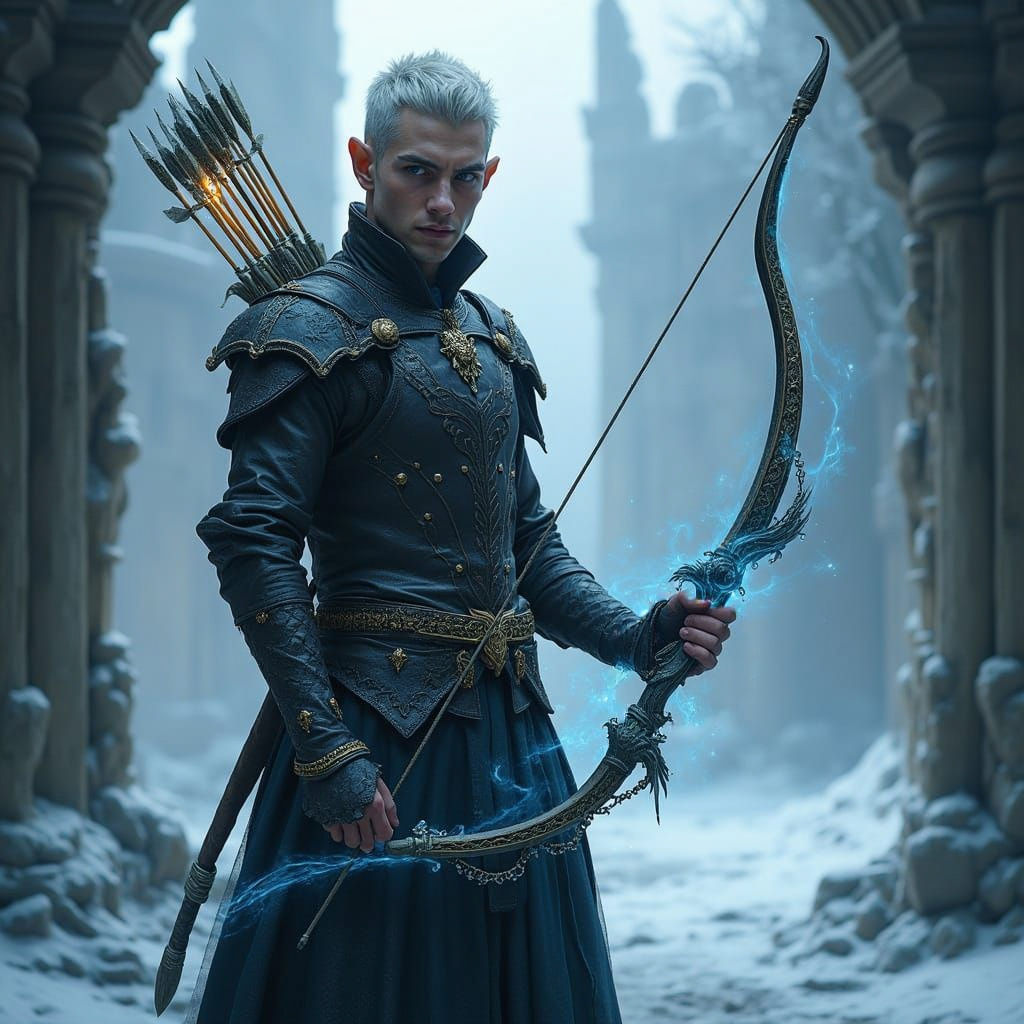 Epic Fantasy Warrior Stands Guard at Frozen Ruin Entrance