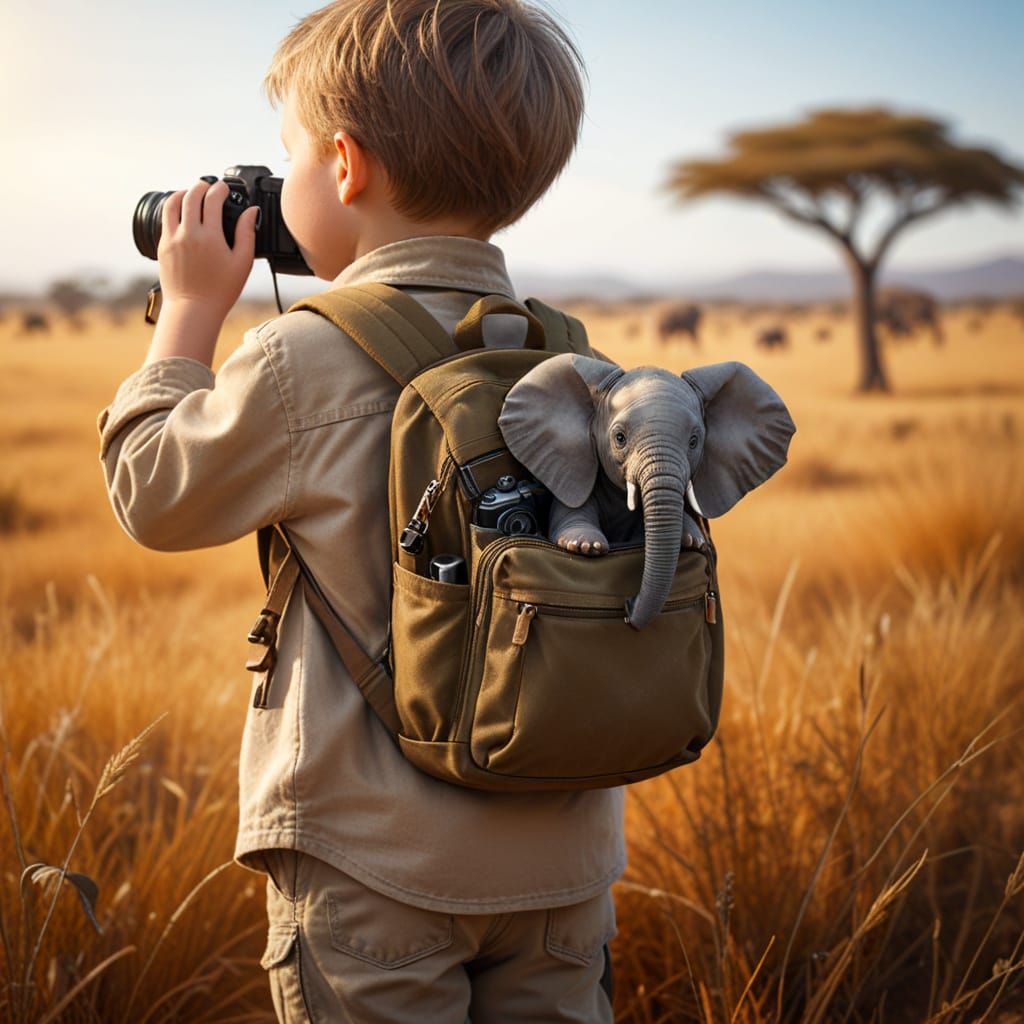 Tiny Elephant Peeks from Backpack Pocket on Safari