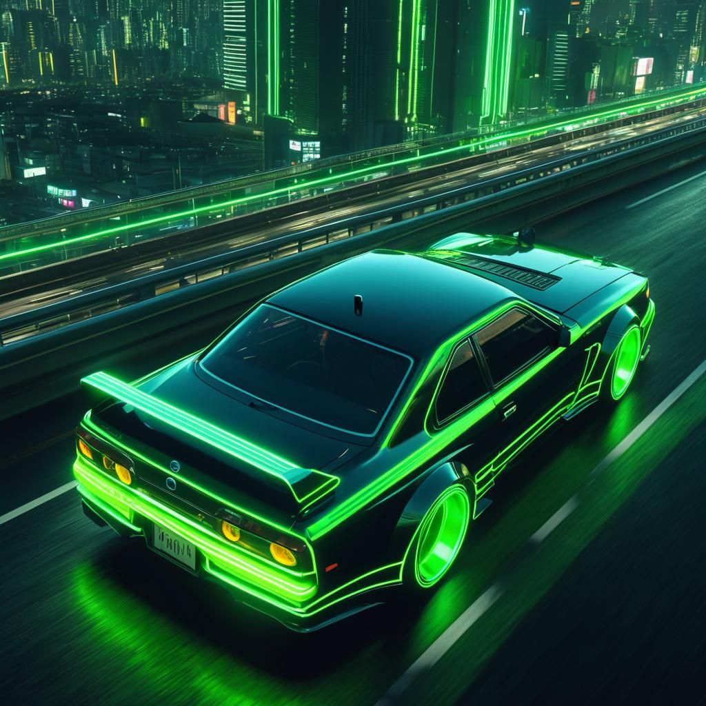 Futuristic Neon Skyline Races Down Highway
