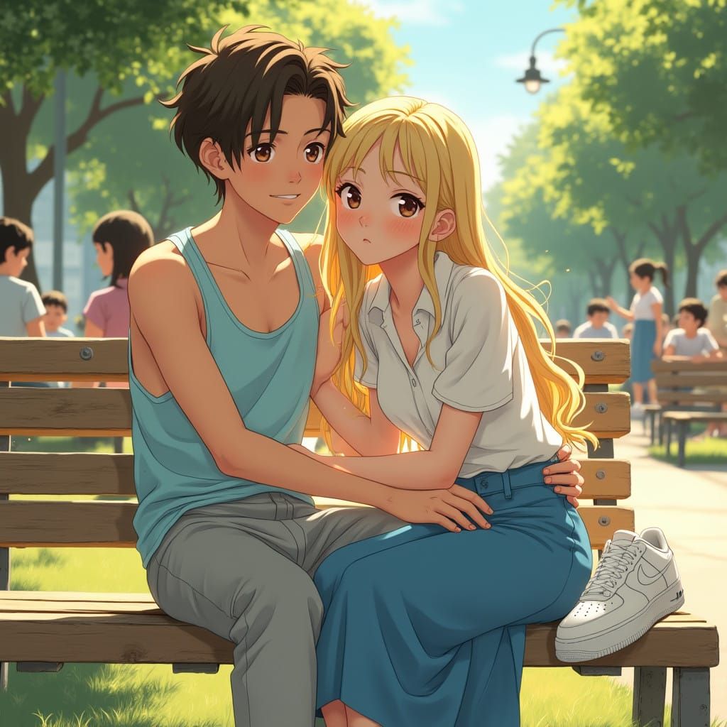 Serene Korean Teenage Girl in Park Scene in Anime Style