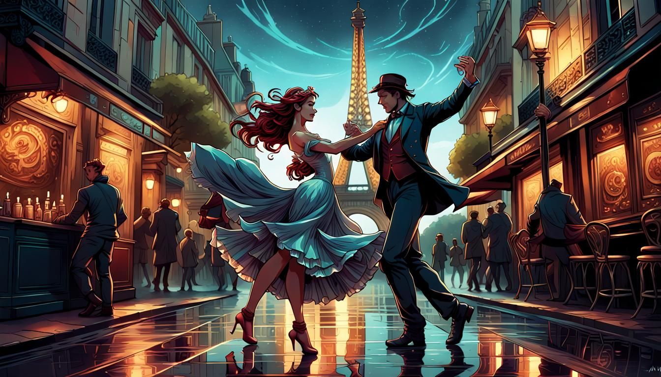 Whimsical Couple Dancing in Paris: Comic Book Art