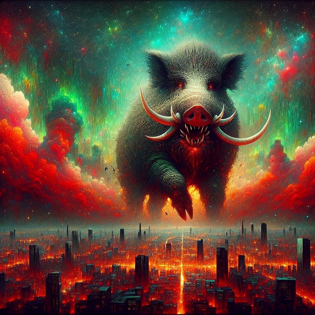 Giant Boar Rampages Through Burning Cityscape