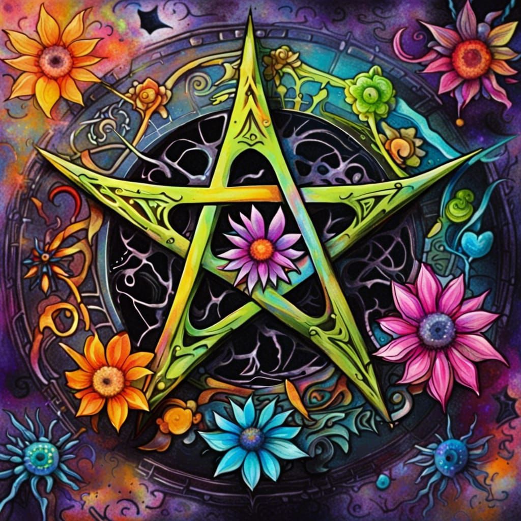 Ornate Wiccan Pentacle with Spider in Graffiti Art