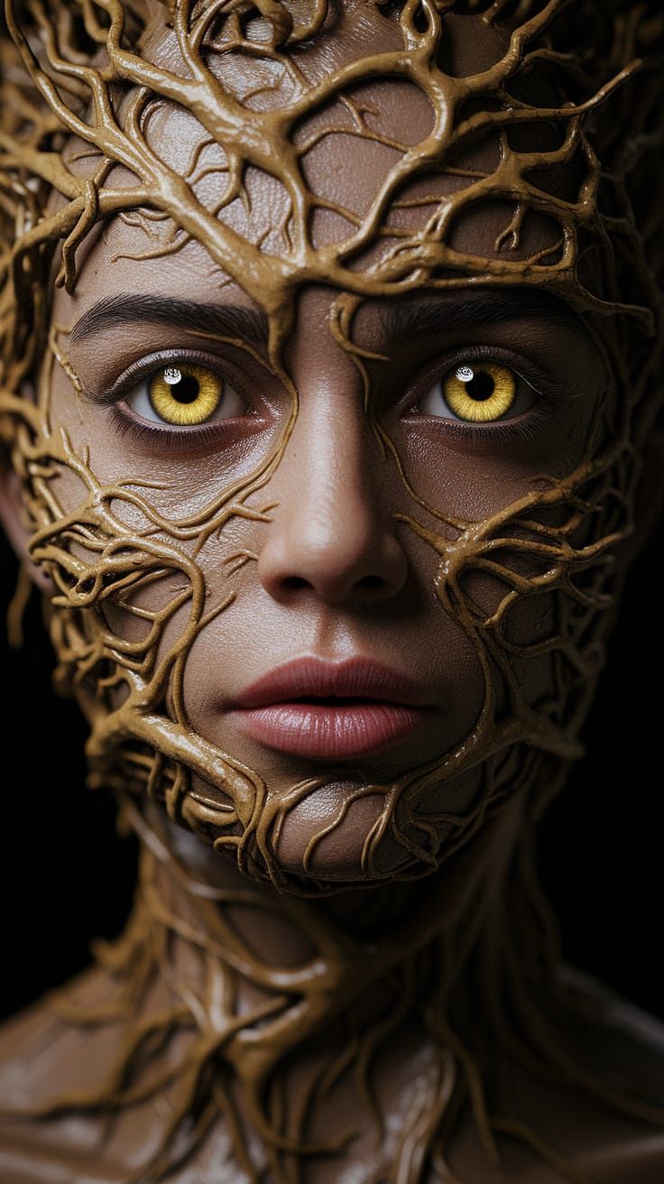 Woman's Face Woven with Roots in CGI Artwork