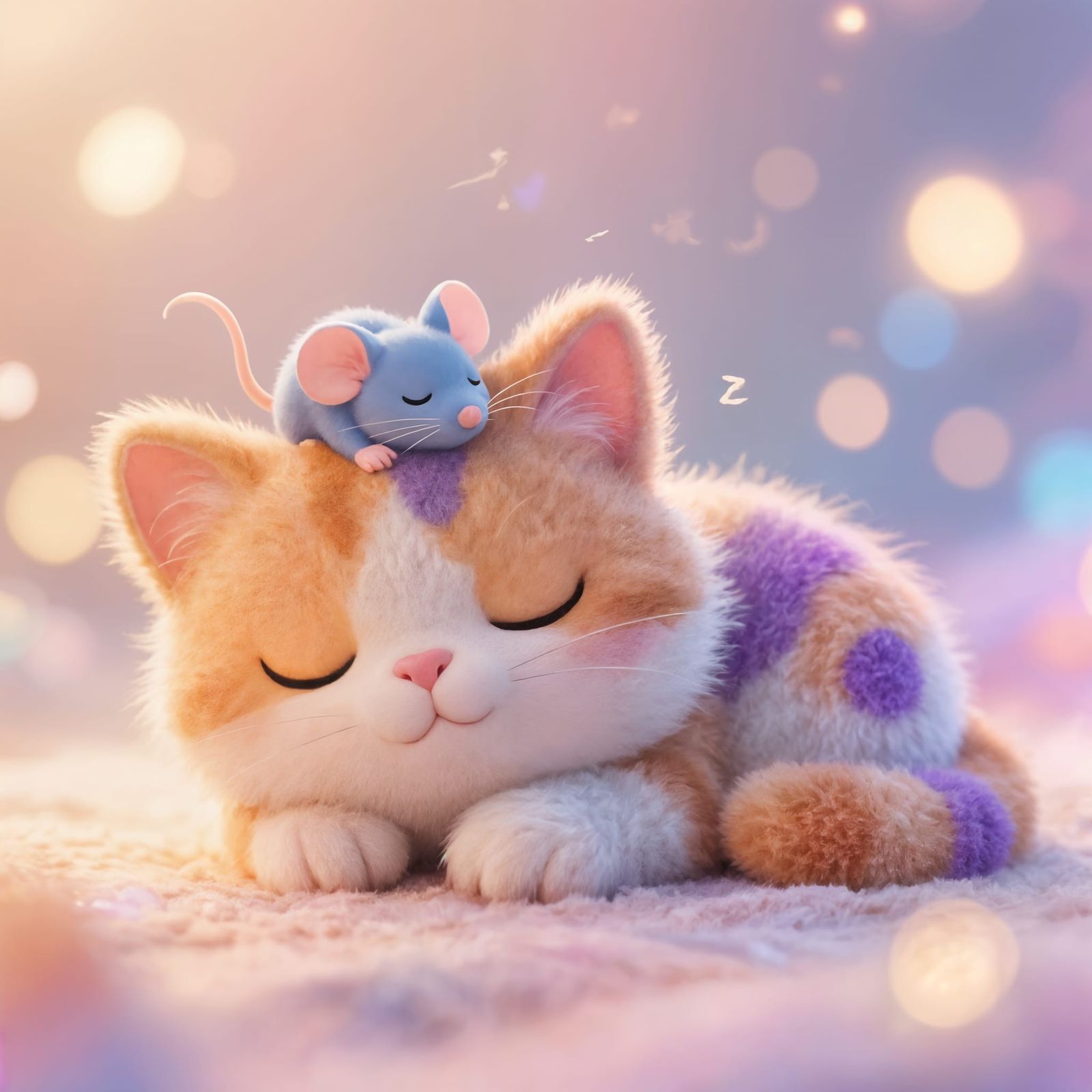 Cute Kitten and Mouse Sleeping Peacefully in 3D Render