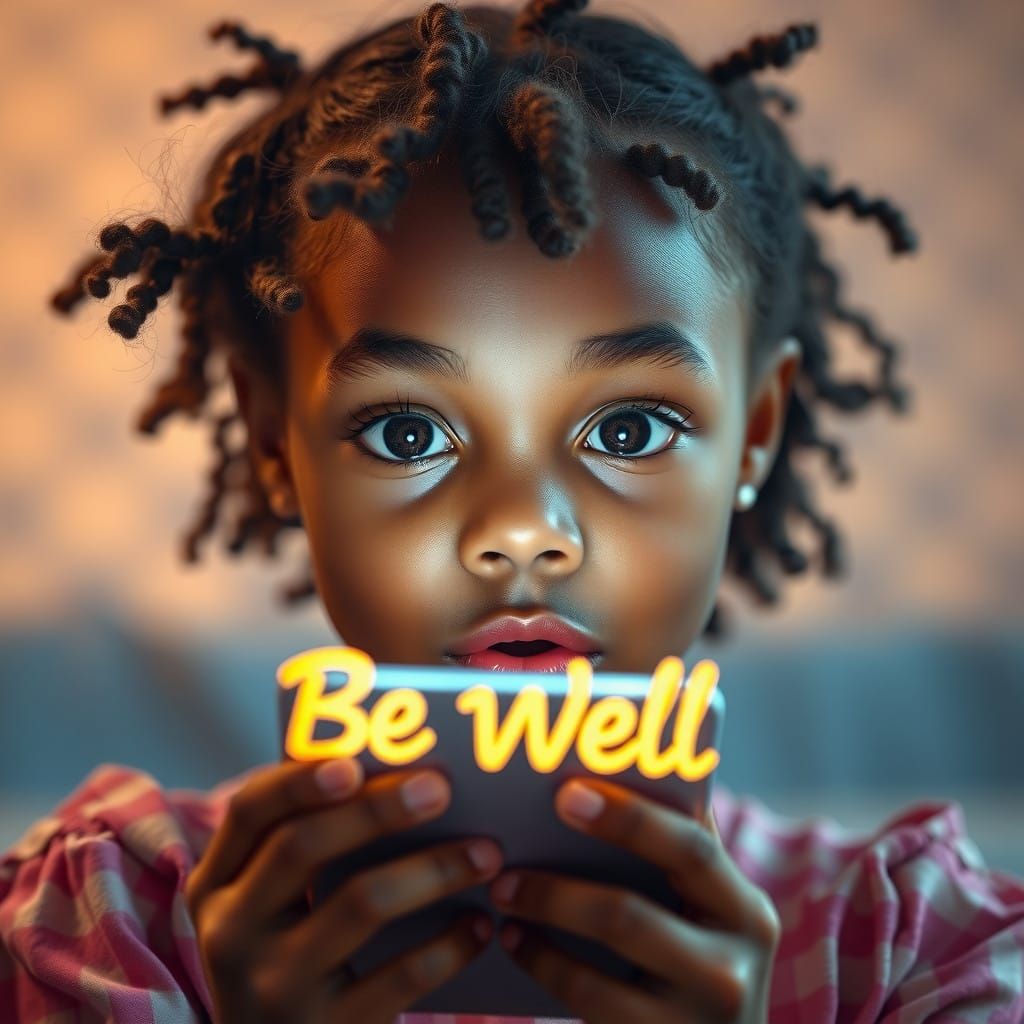 Surreal Portrait of African American Girl Marvels at Smartph...