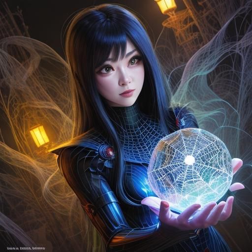 a scene of a Chibi Blythe spider woman in an ethereal flores...