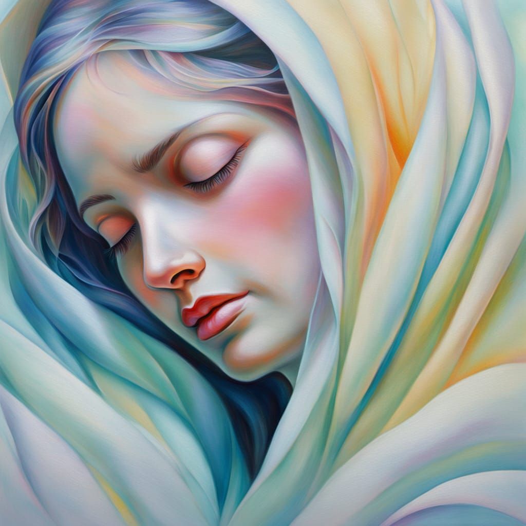 Motherly Embrace: Surreal Oil Painting in Pastel Hues