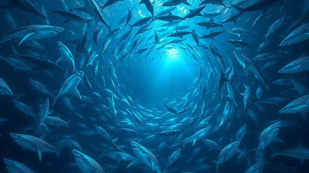 Surreal Great White Shark Vortex in Neon-Lit Aquatic Tapestr...