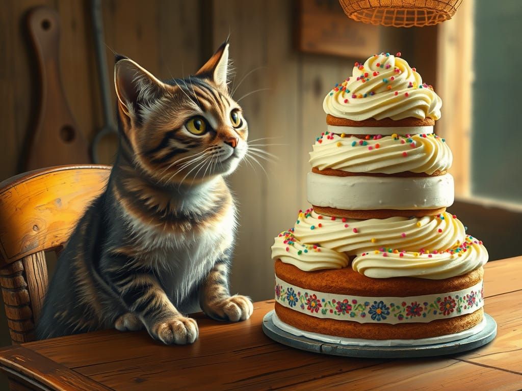 Whimsical Cat Admires Impressionist-Inspired Cake