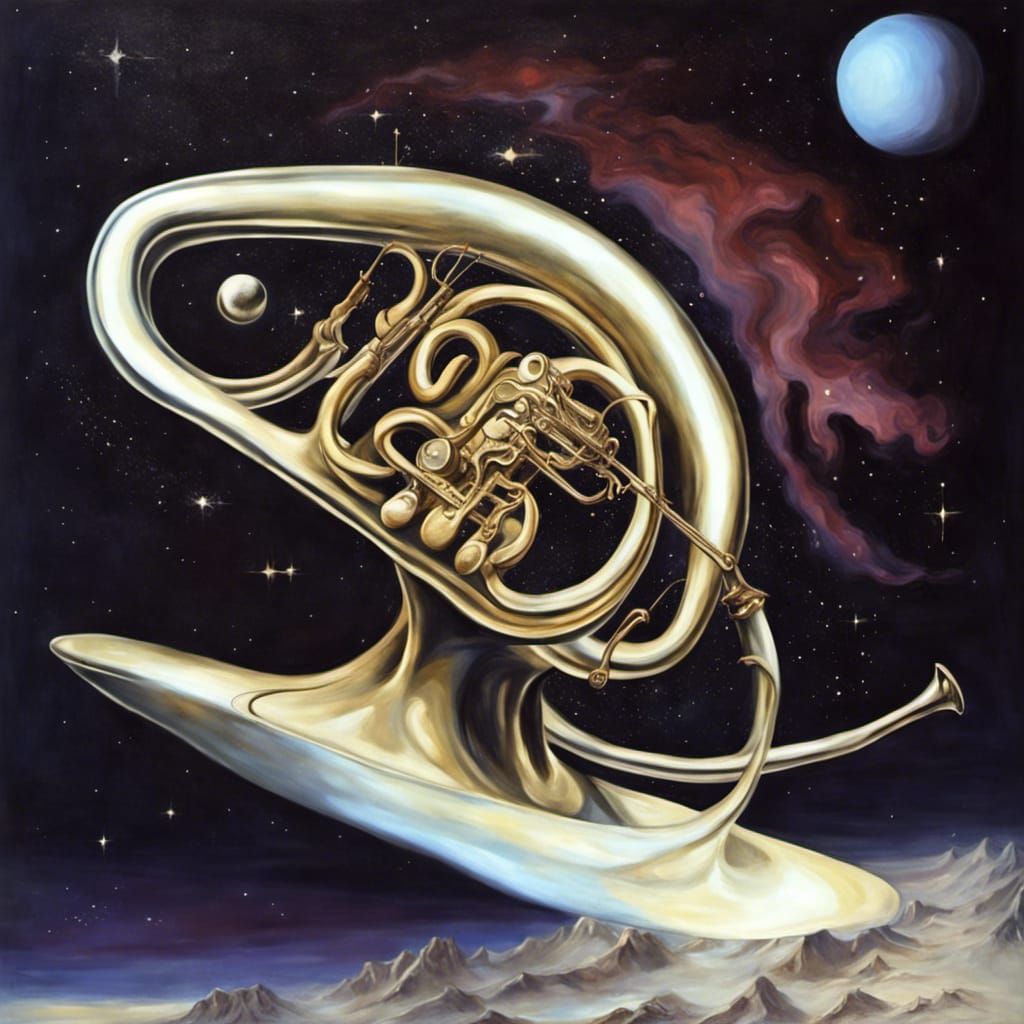 Alien Plays Horn in Space, a Surreal Oil Painting