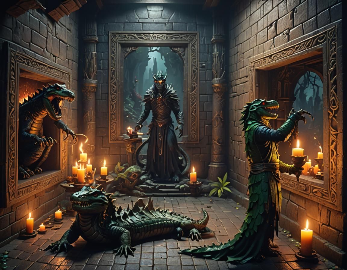 Crocodile Demons in Dark Temple: Fantasy Art
