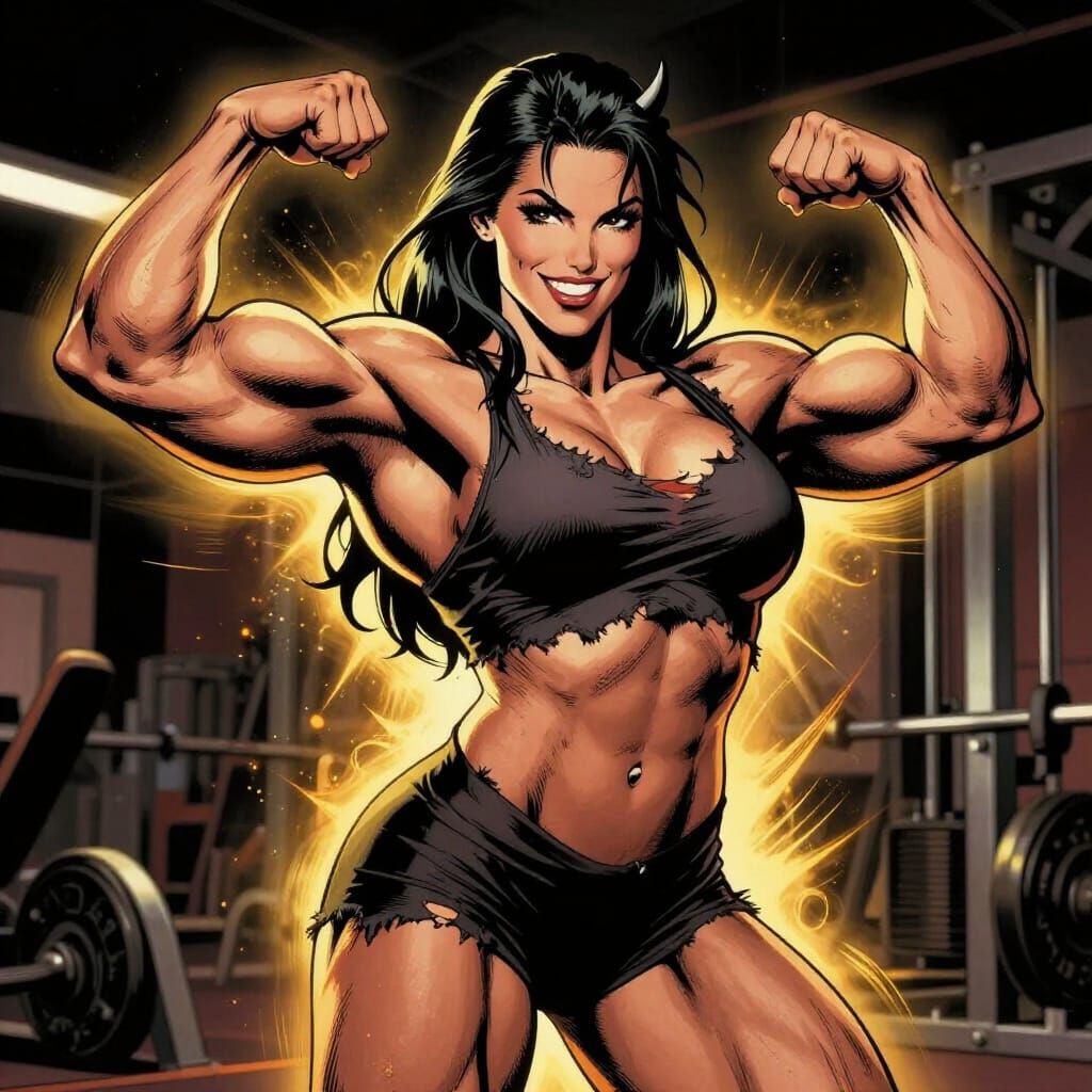Muscular Woman Flexes Biceps in Comic Art Style
