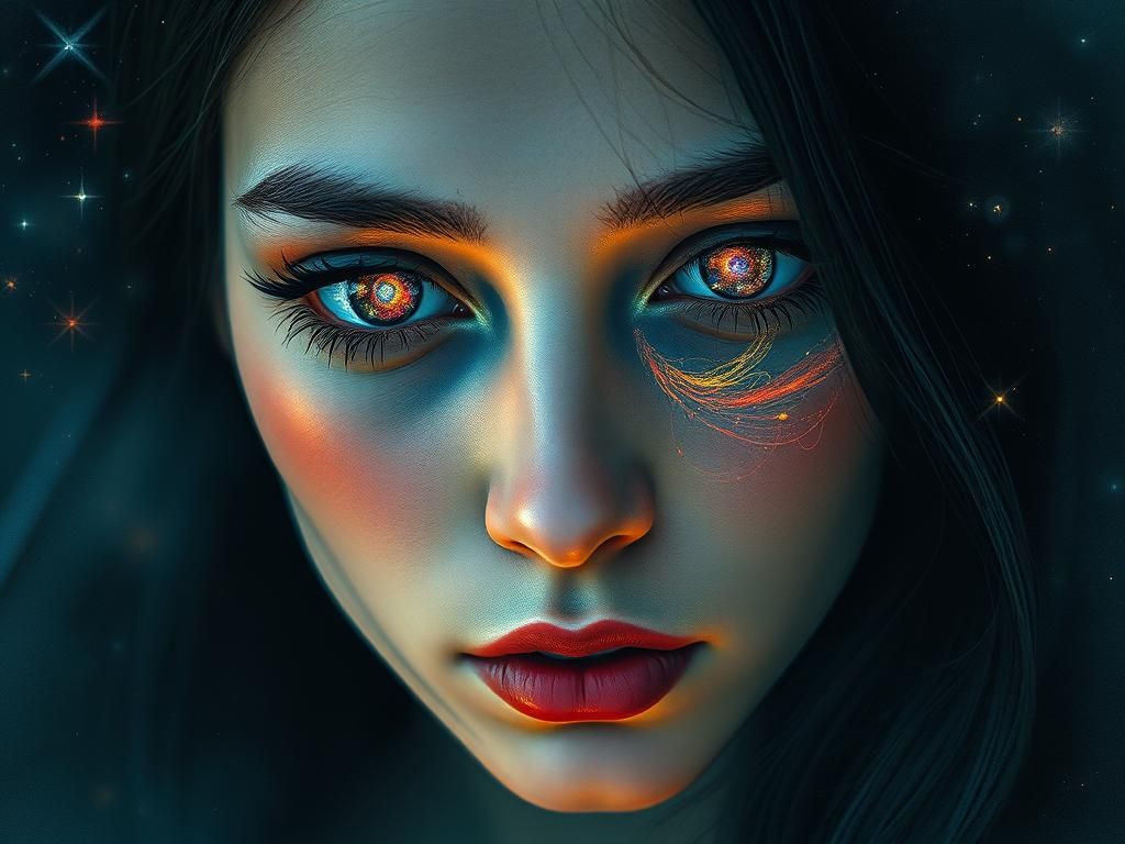 Cosmic Portrait Reflecting Galaxy in Dreamlike Watercolor St...