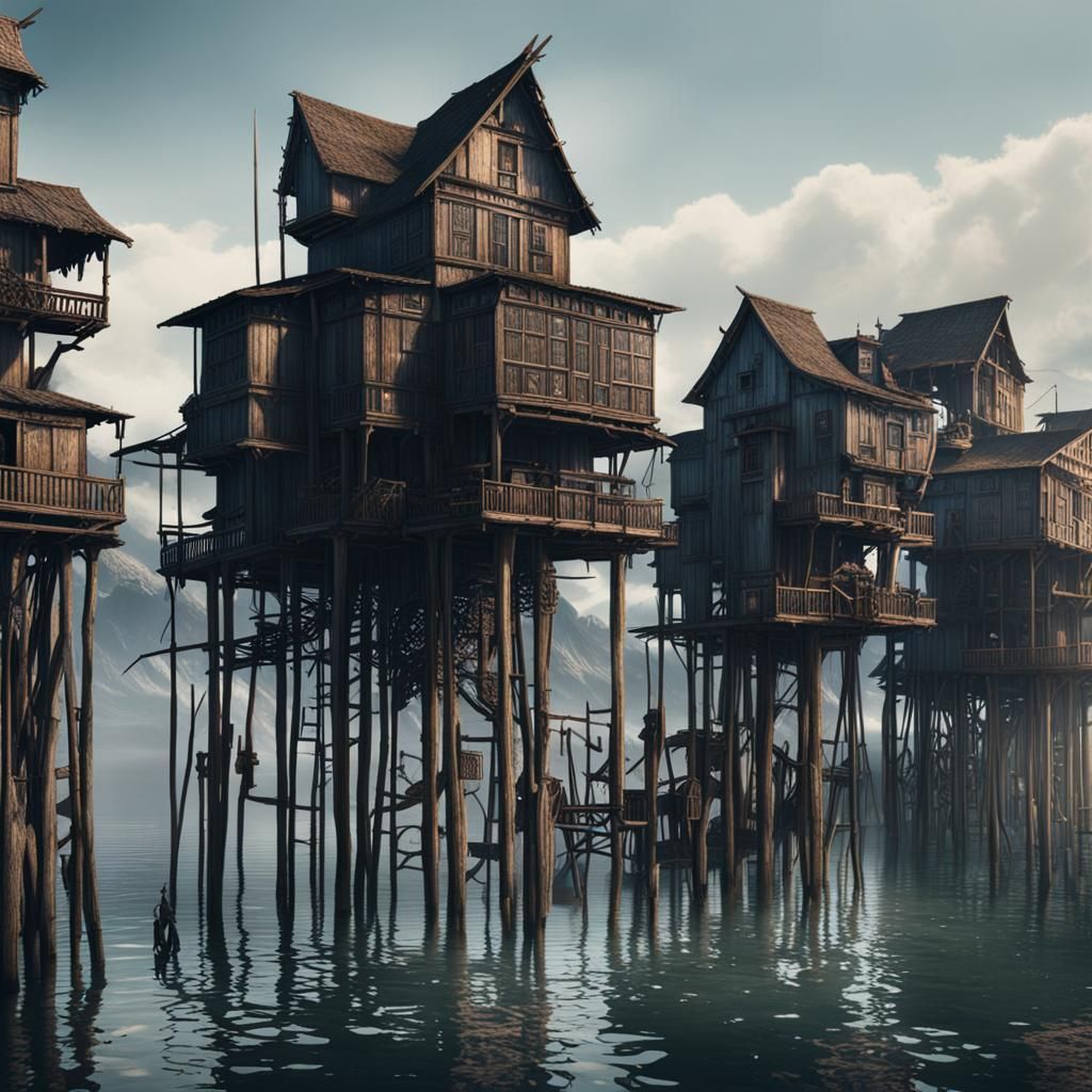 Lake Town: Wooden Stilt Construction in Digital Painting