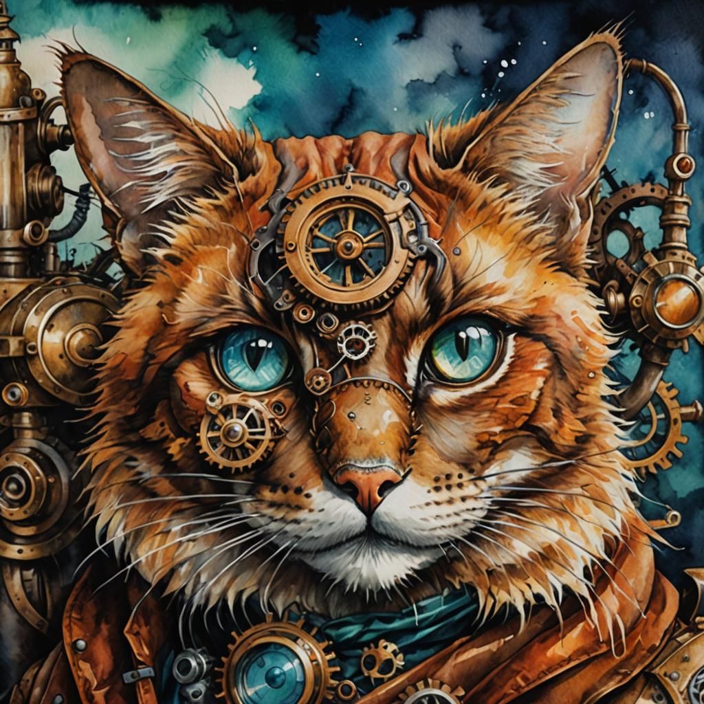 Steampunk Cat Watercolor Painting