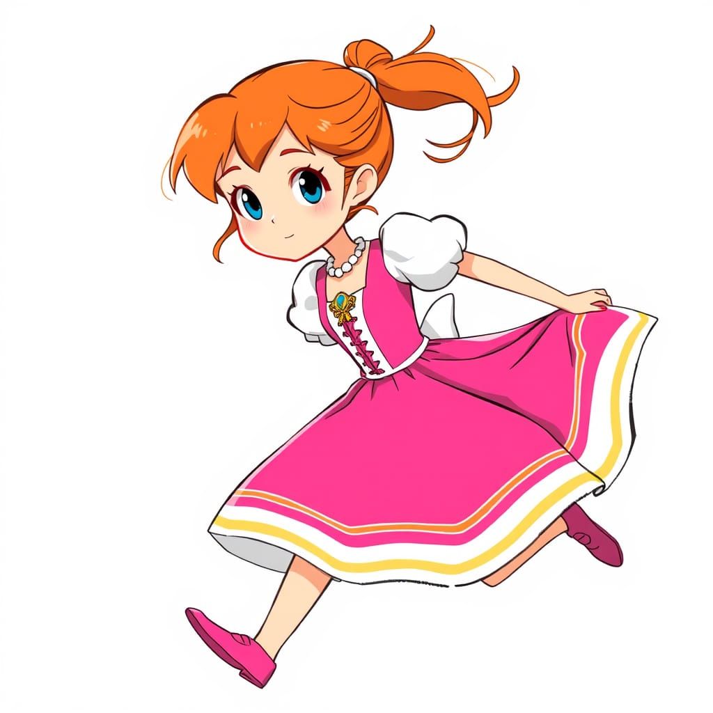 Cartoon Girl in Pink Dress, Anime Style