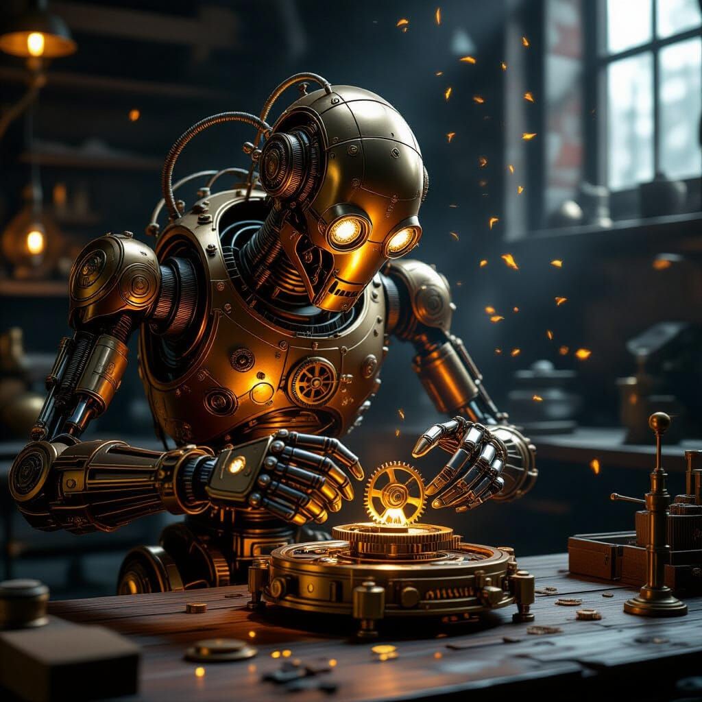 Steampunk Automaton Assembling Clockwork Gears in Workshop