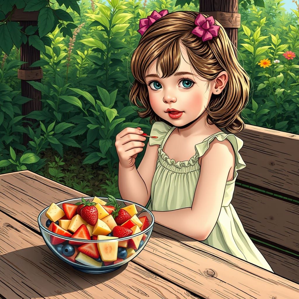 Girl Eating Fruit Salad in Comic Book Style