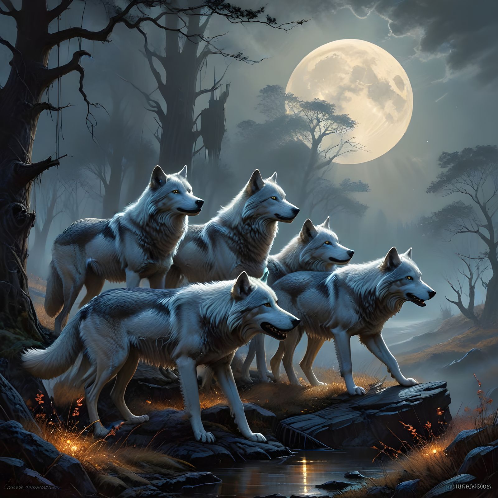 Moonlit Wolf Pack in Vibrant, Dreamlike Landscape