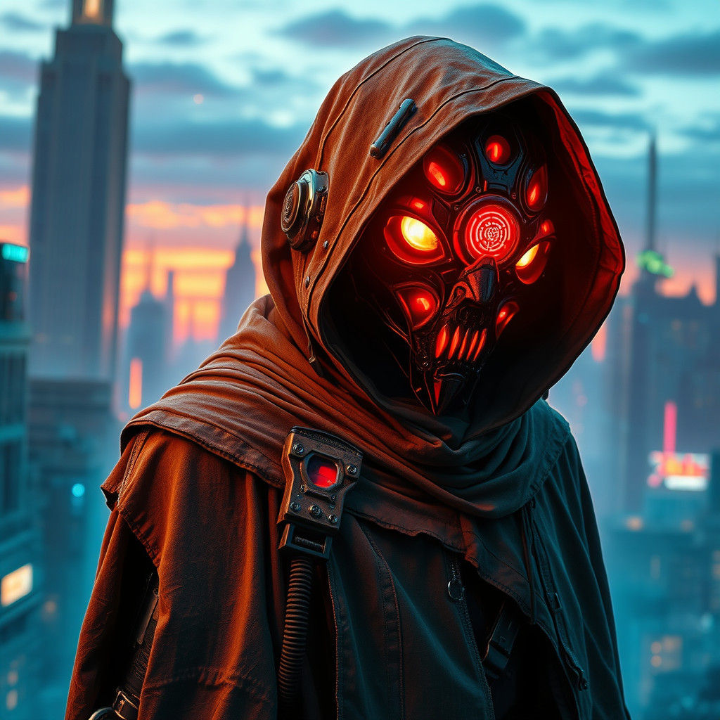 Cyberpunk Figure in Dystopian Cityscape at Dusk