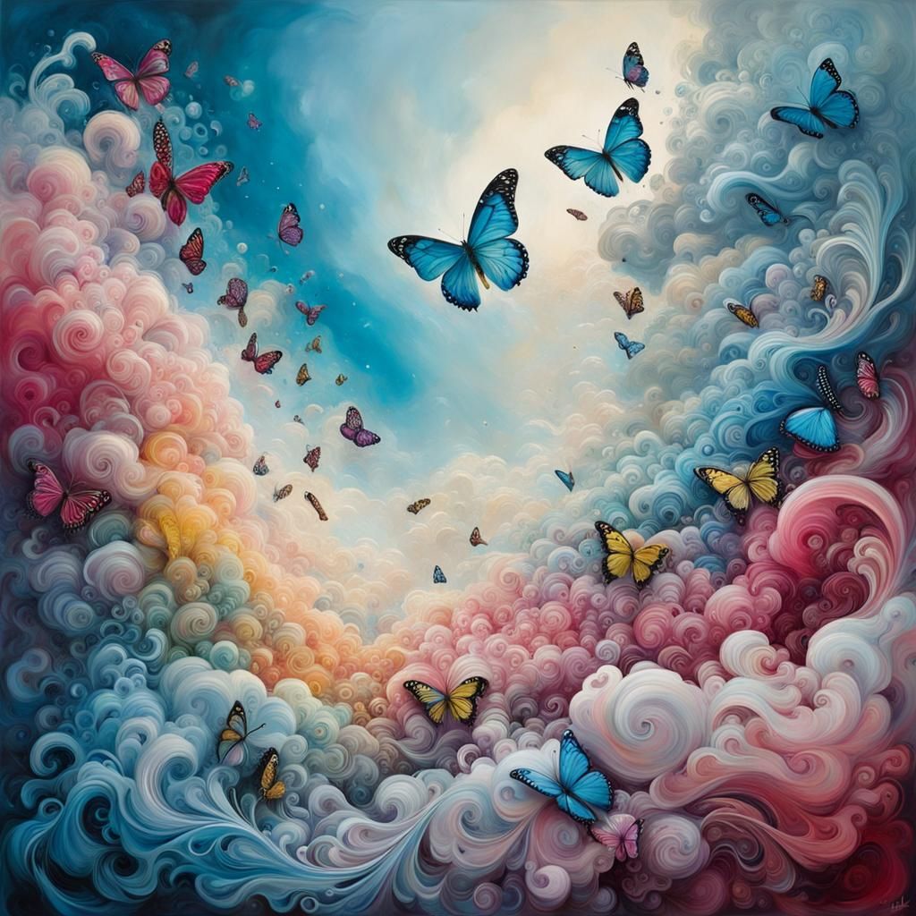 Colorful Butterfly Cloud Landscape: Gouache Ink Flow