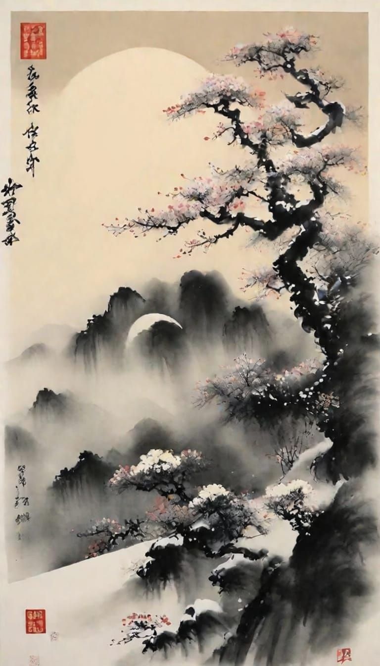Chinese Ink Painting: Wind, Flowers, Snow, Moon
