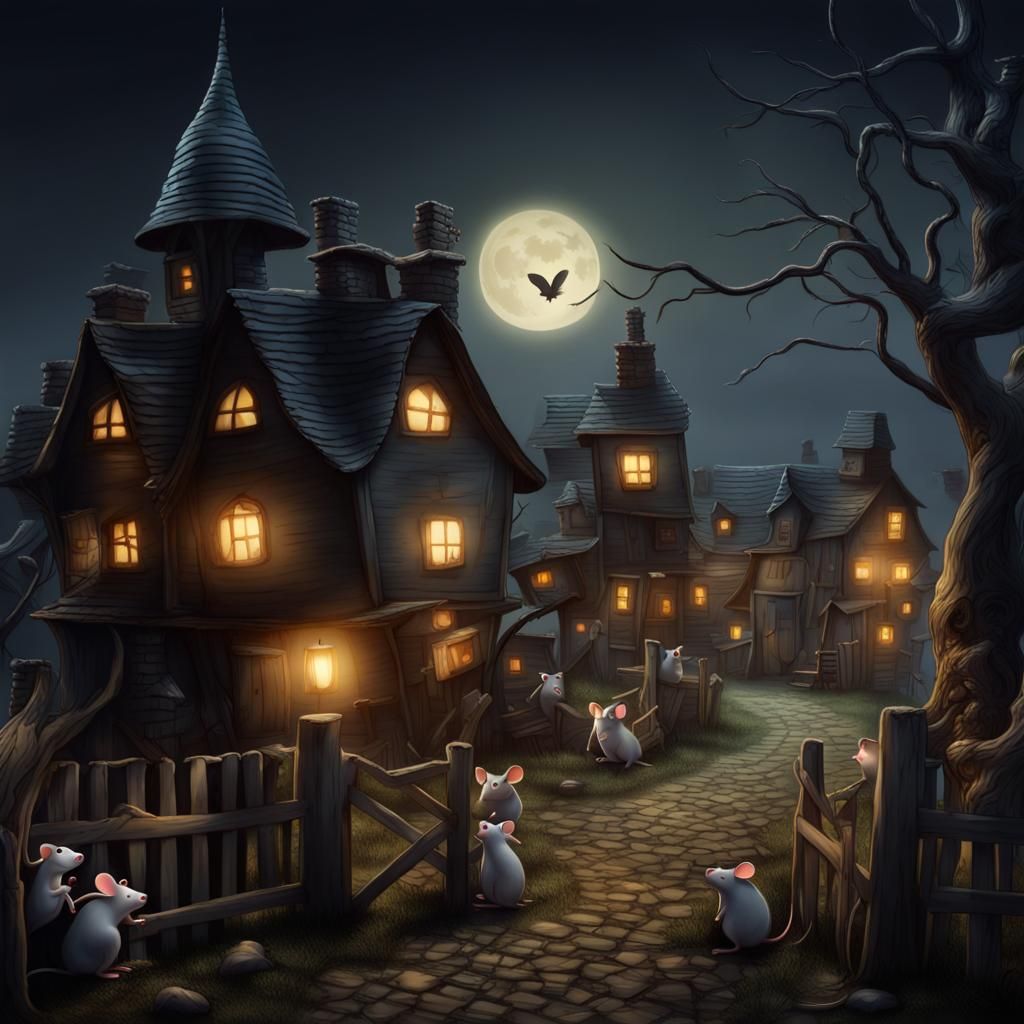 Hyperrealistic Haunted Mice Village at Night