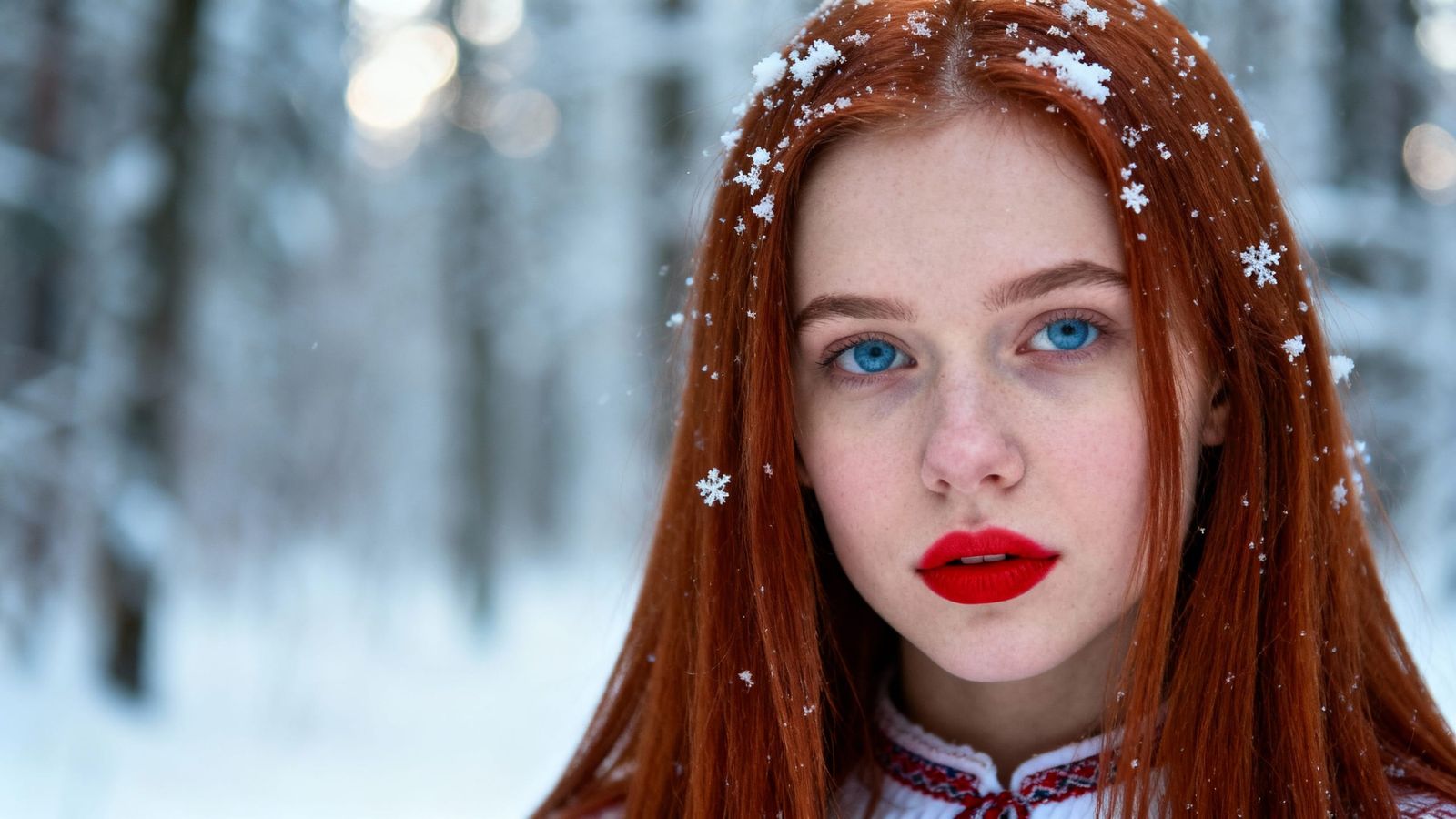 Young Peasant Woman in Snowy Forest