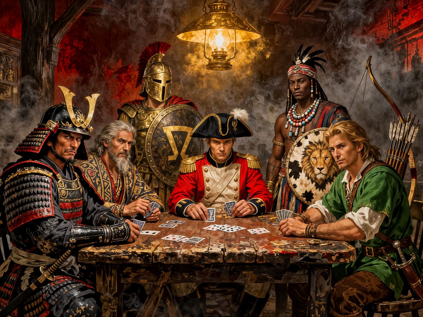 Legendary Warriors Play Poker in Smoky Saloon