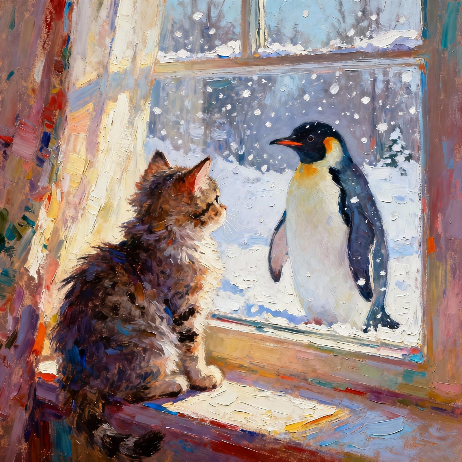 Kitten and Penguin Meet Through Snowy Window in Impasto Styl...