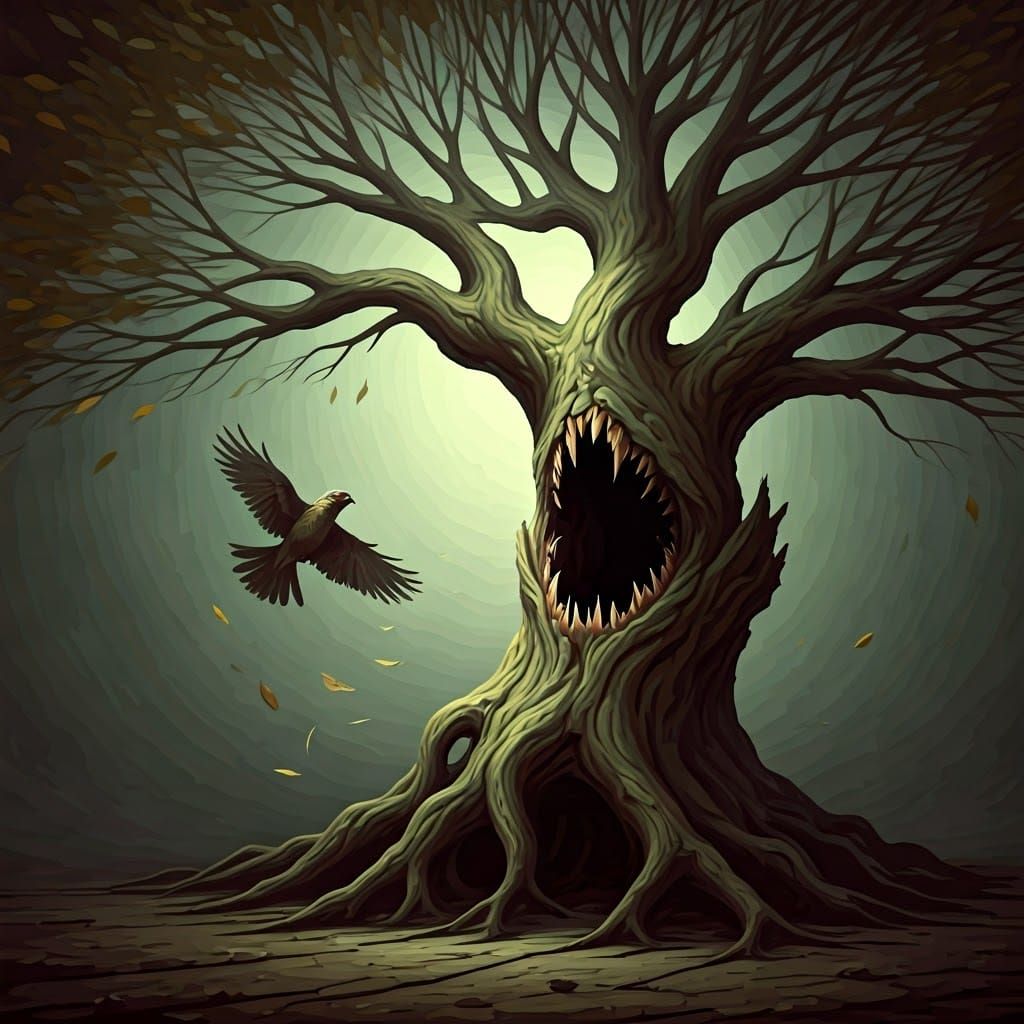 Surreal Tree Devours Bird: Biomechanical Dreamscape