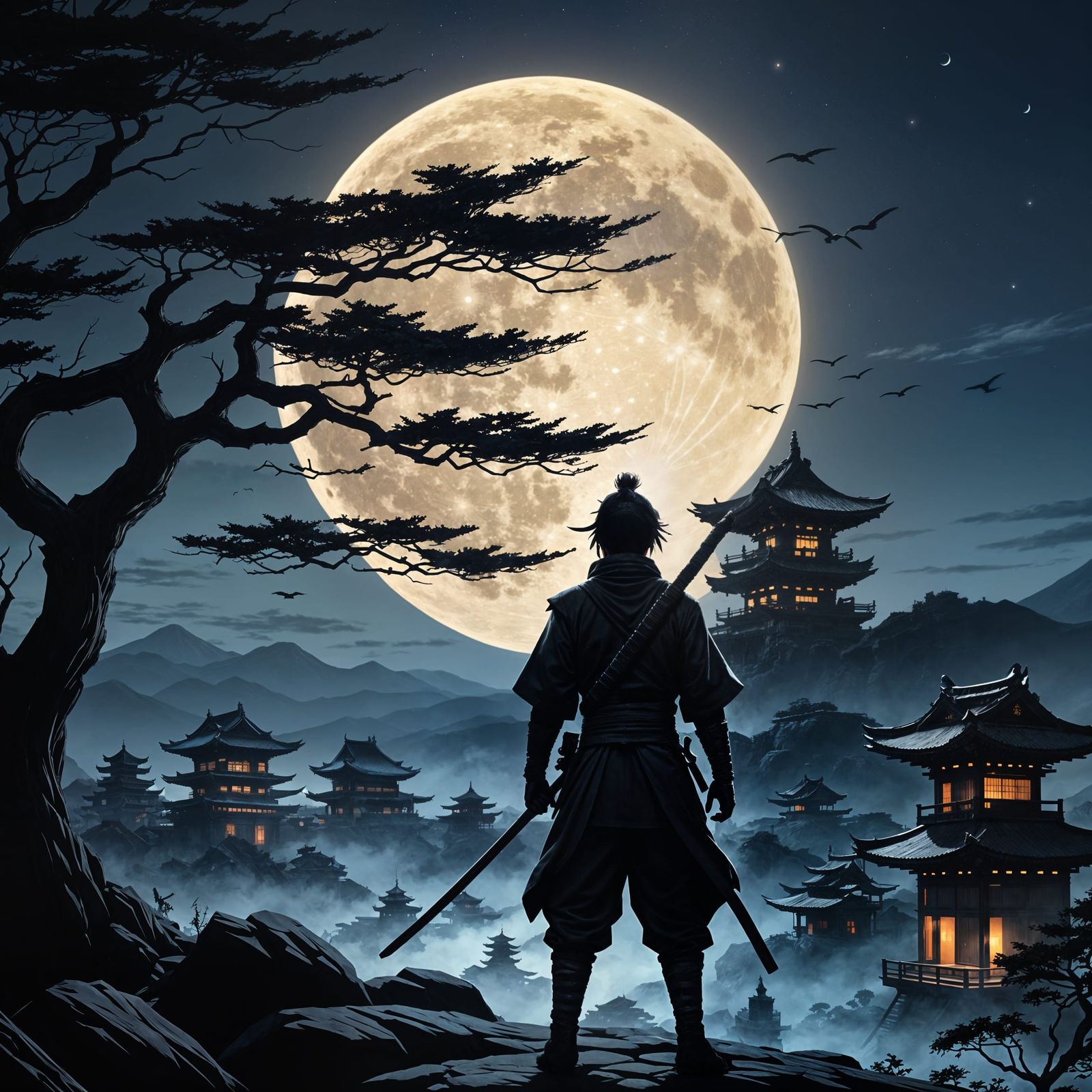 Shadowy Ninja Silhouette Against Full Moon, Anime Style