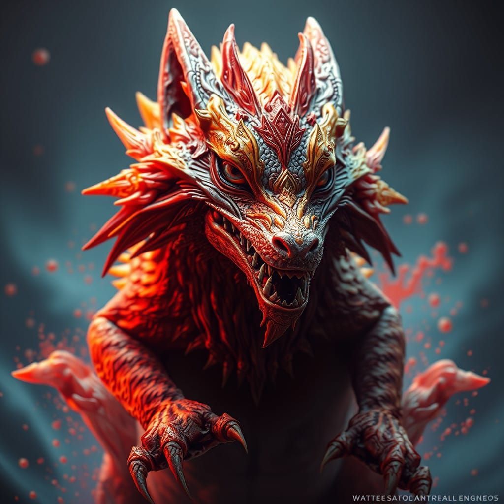 Fantastical Wolf-Lizard Hybrid in Deep, Rich Colors