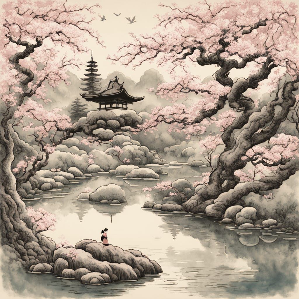 Tranquil Japanese Garden with Cherry Blossoms and Fairy