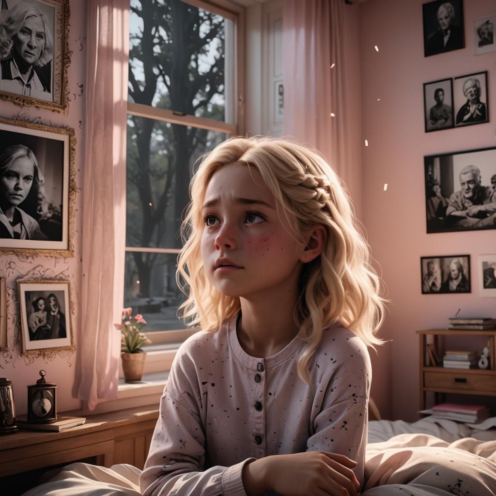 Crying Blonde Girl in Pink Bedroom Concept Art