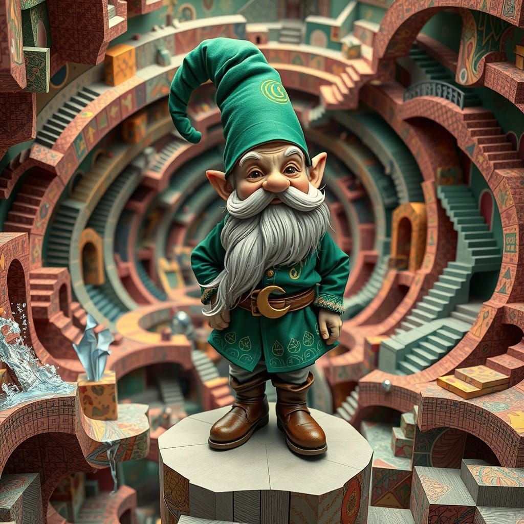 Whimsical Gnome in Impossible Geometry Maze by Escher-Inspir...