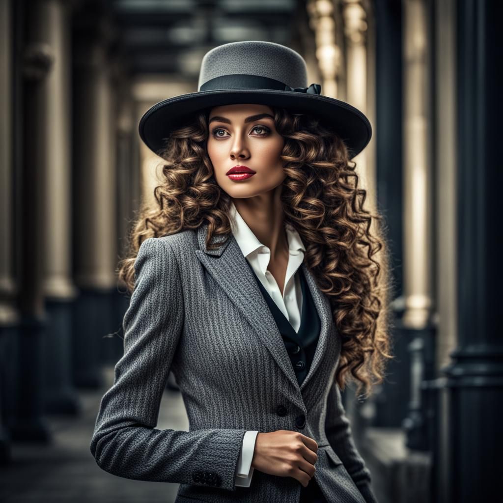 Woman with Curly Hair in Chic Suit