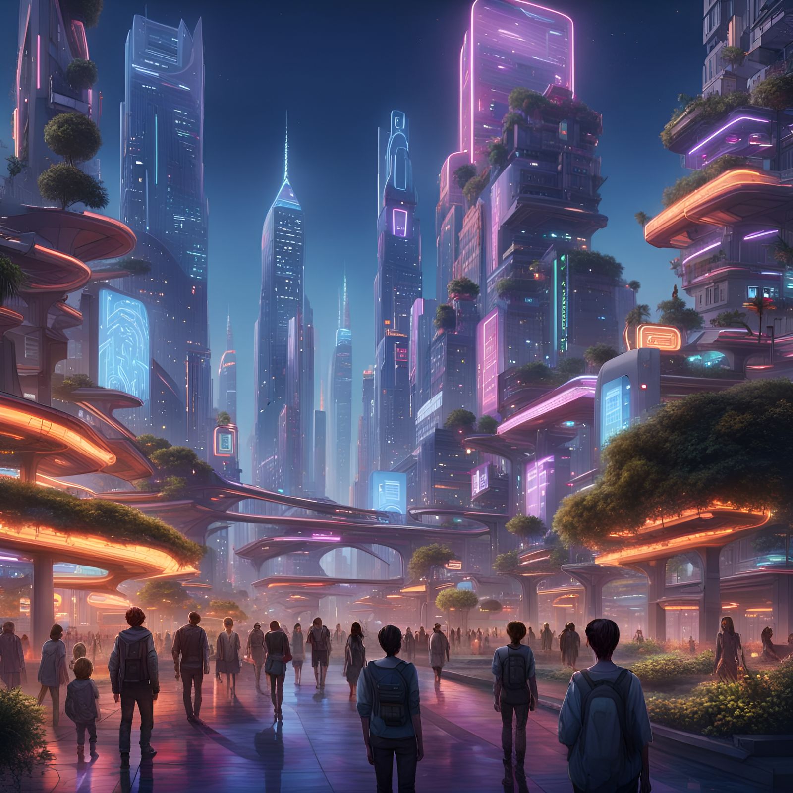 Futuristic Cityscape at Dusk with Neon Lights
