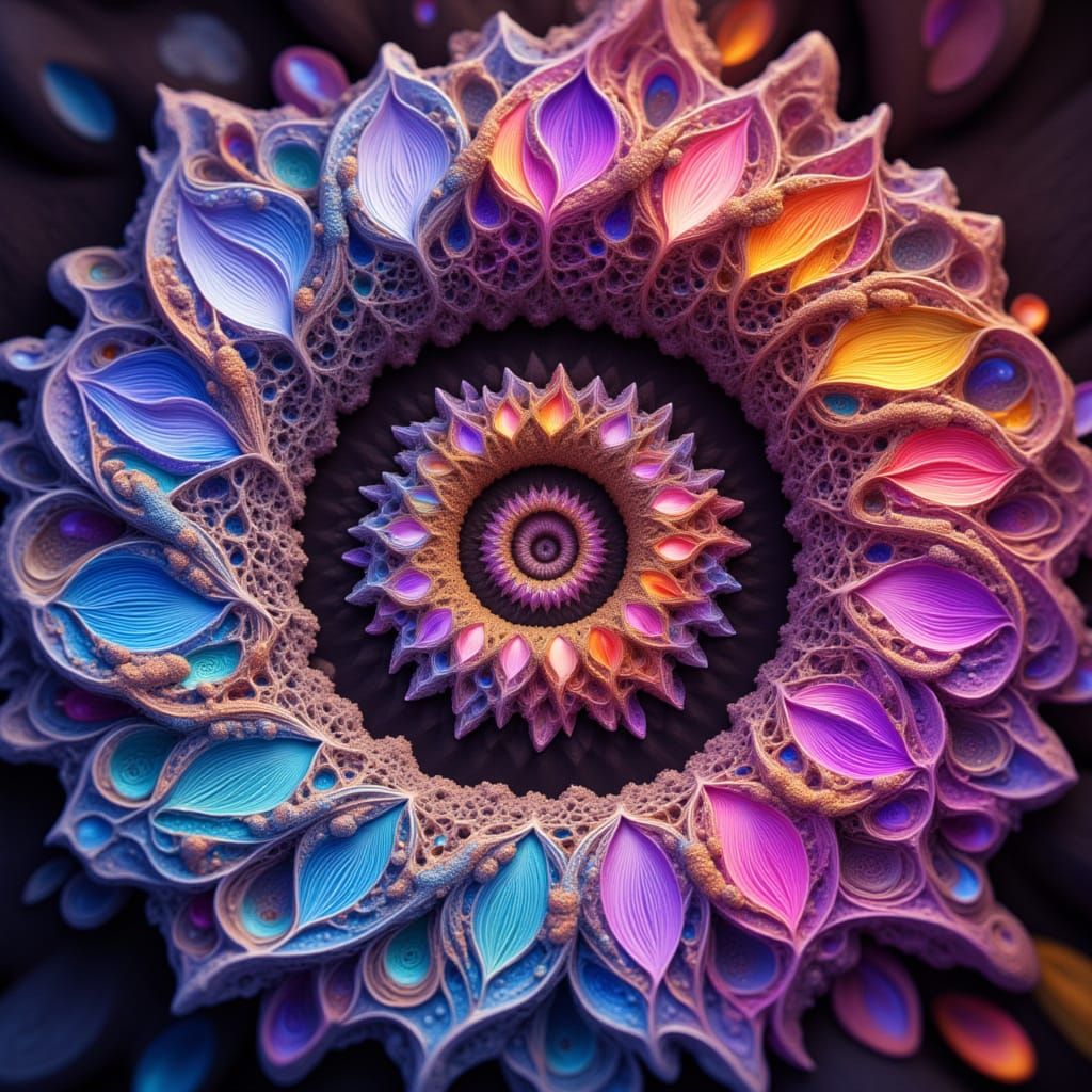 Koch curve style fractal spiral with rainbow swirls, vivid paint‑like gradients, iridescent stained‑glass shards, polish...