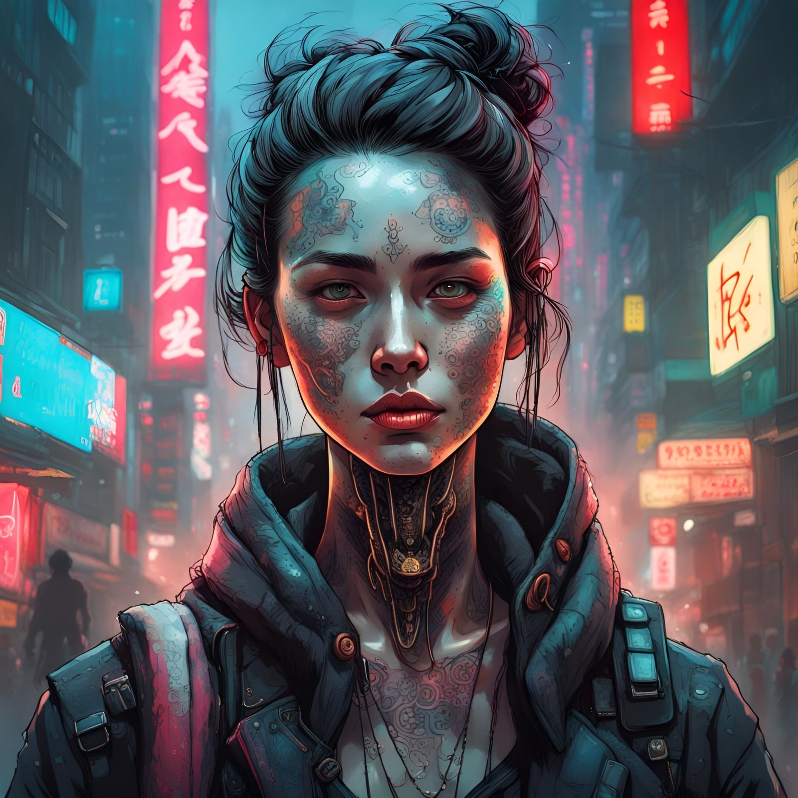 Cyberpunk Portrait with Neon and Japanese Ornaments