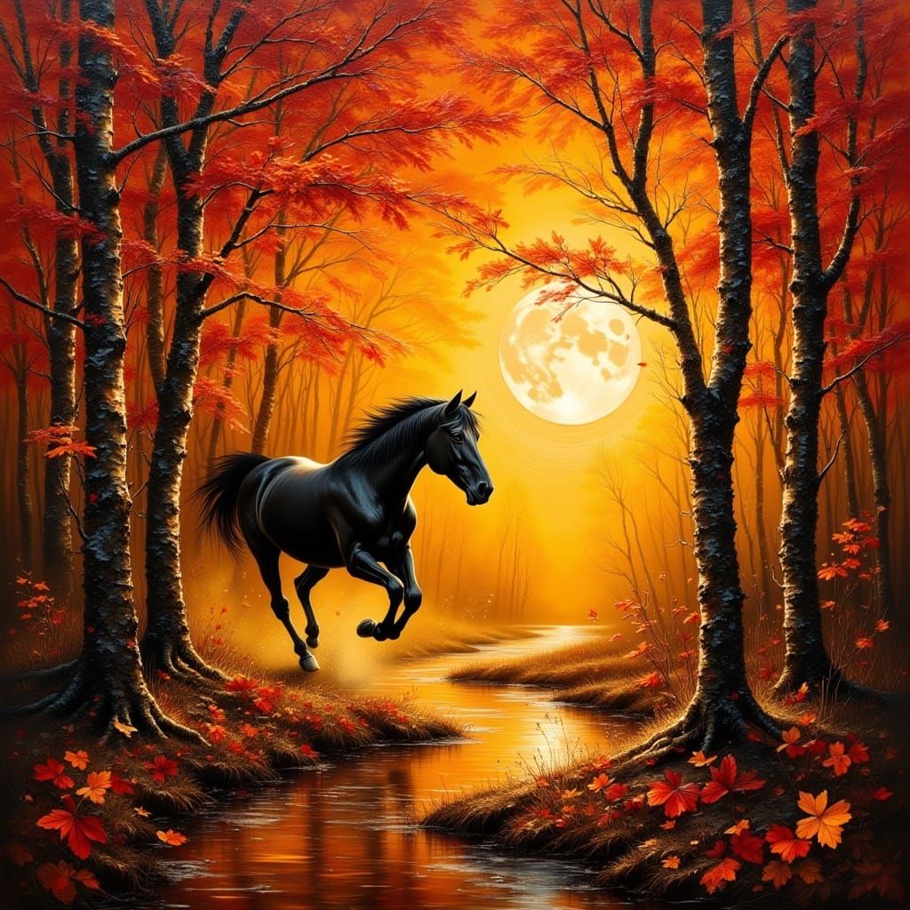 Stallion Runs Through Autumn Forest in Neo-Impressionist Sty...