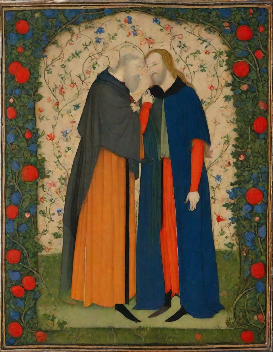 Two Men Embracing in Verdant Garden, in the Style of 14th Ce...