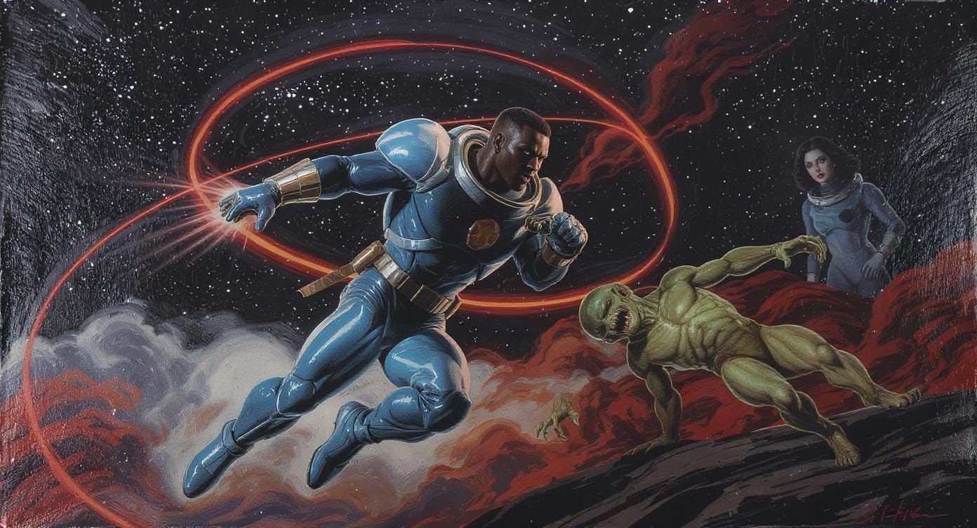 Captain Future Leaps into Action: A Pulp Sci-Fi Scene