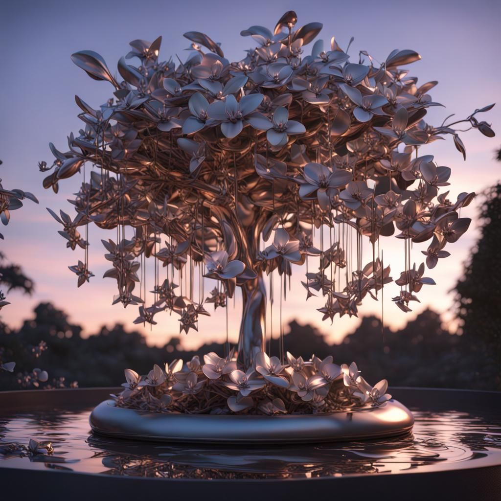 Floating Metallic Orchids Around Magnetized Tree at Twilight