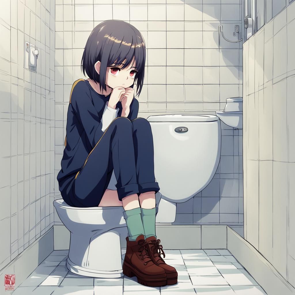Sad Girl on Toilet in Anime Style