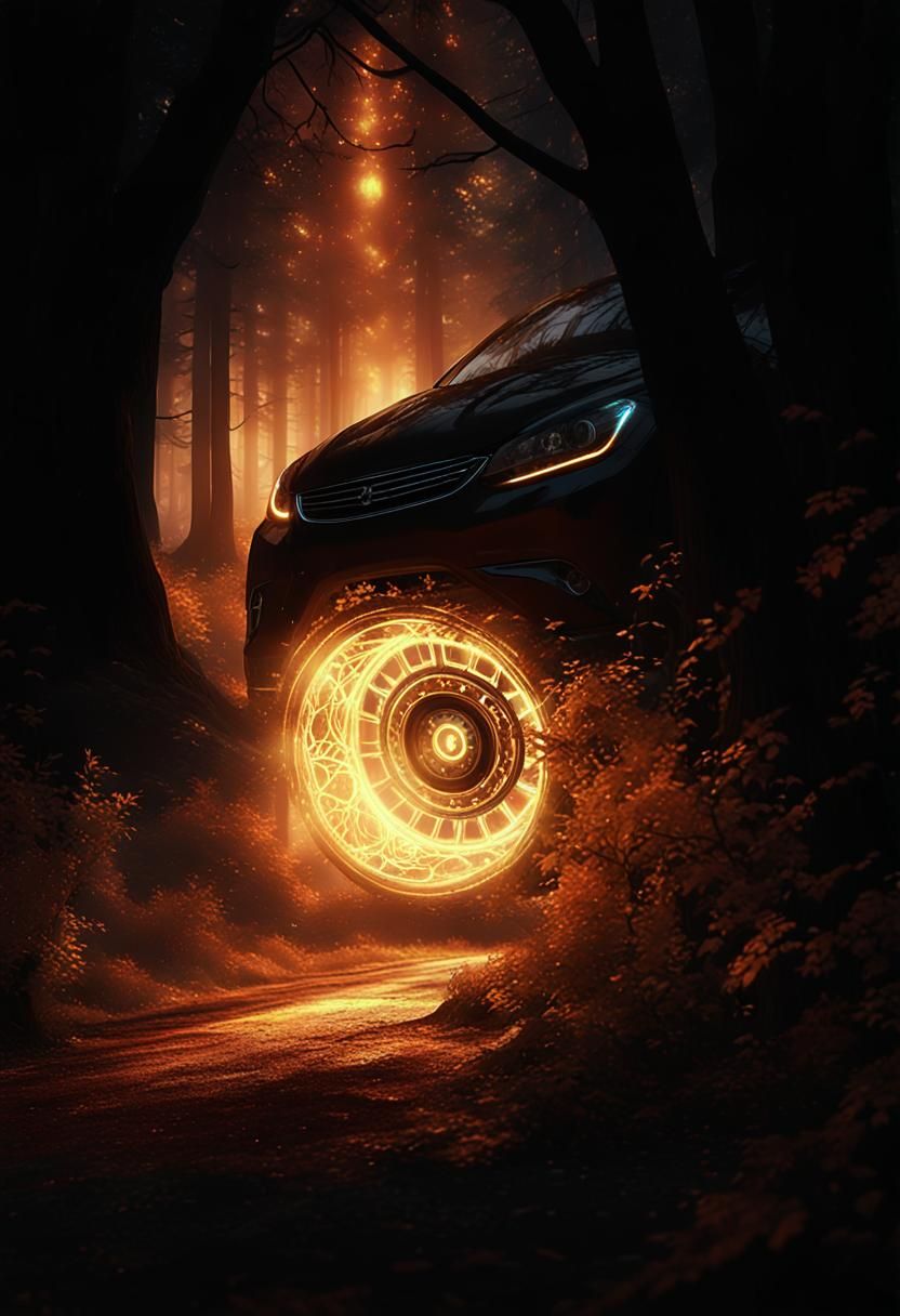 Car Bursts Through Portal in Mystical Forest