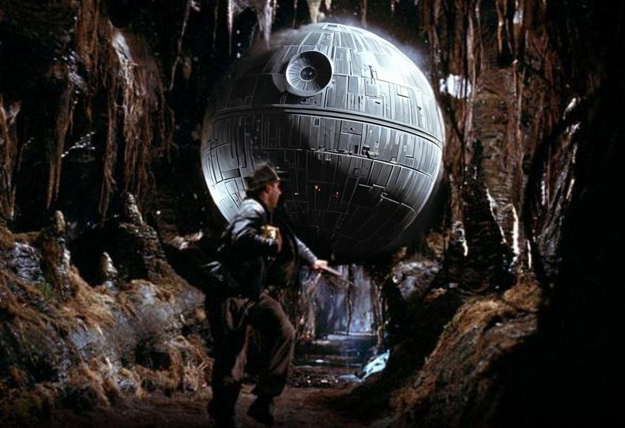 The death star rolling towards Indiana Jones