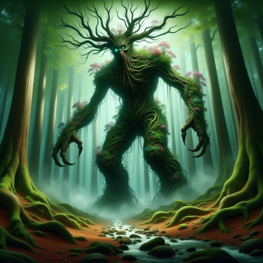 Hyperrealistic Walking Tree Creature in Sinister Simon Bisle...