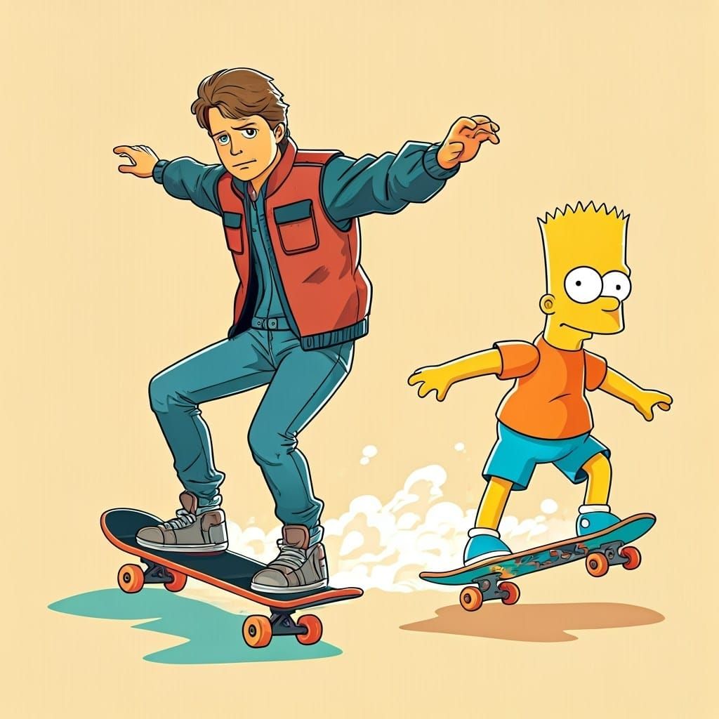 Marty McFly and Bart Simpson Skateboarding Art